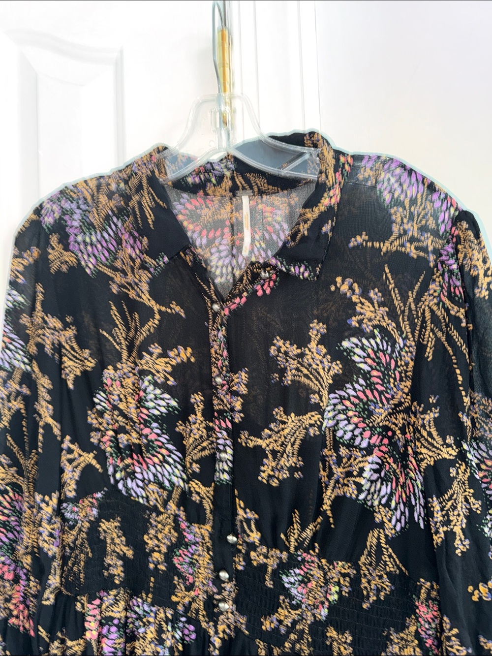 Free People Fake Pretend Black Print Long Sleeve Mini Dress size Medium - Picture 6 of 12